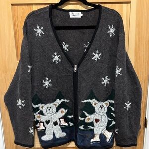 Fiberworks Embroidered Skating Teddy Bear Zip-Up Cardigan Size Large